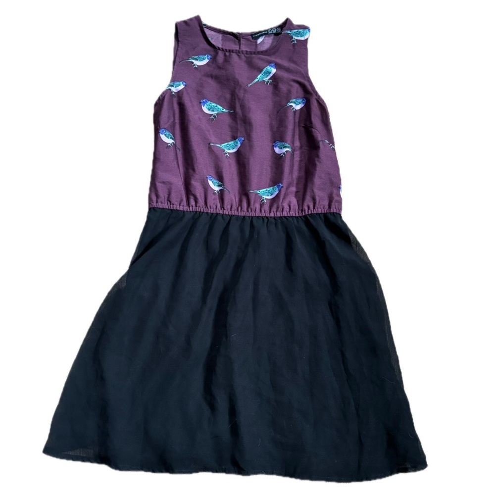 Atmosphere Plum Black Bird Print  Fit And Flare Dress Fits XS S Retro Mod Twee